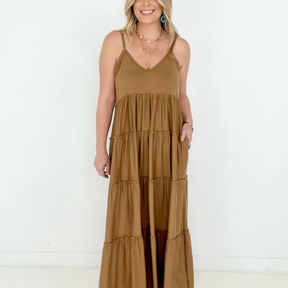 Zenana V-Neck Cami Maxi Tiered Dress with Side Pockets in Dark Olive - Picture 7 of 11
